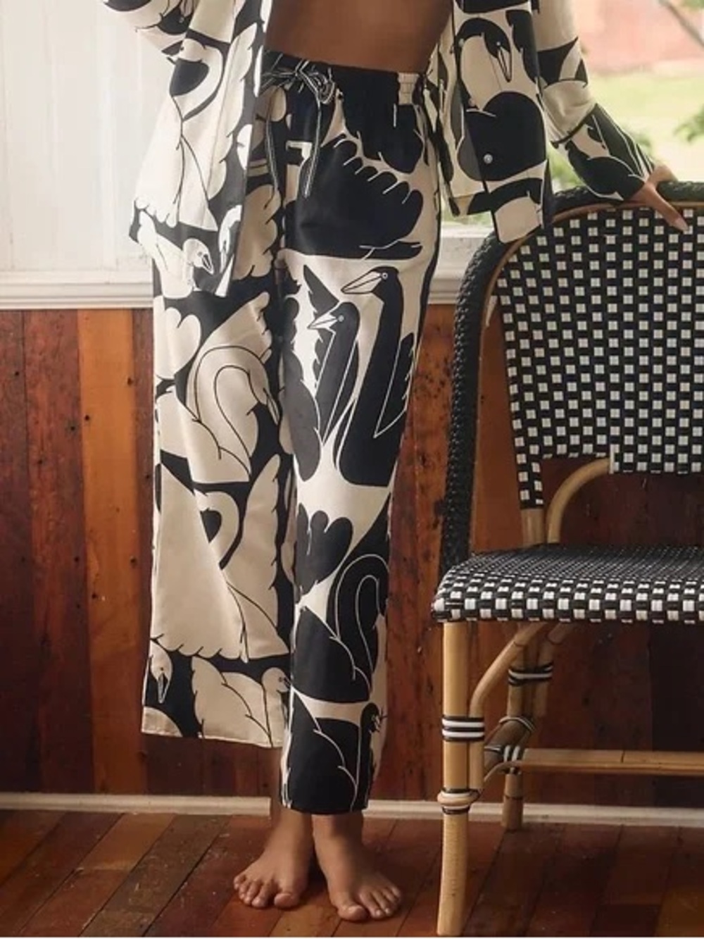 Anthropologie Black and White Swan-Print Satin Pajama Set